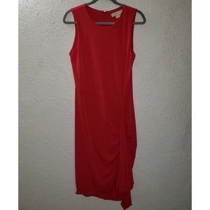 Michael Kors Sz M Red Slinky Dress Sleeveless Zip Stretch Gathered Midi Bodycon